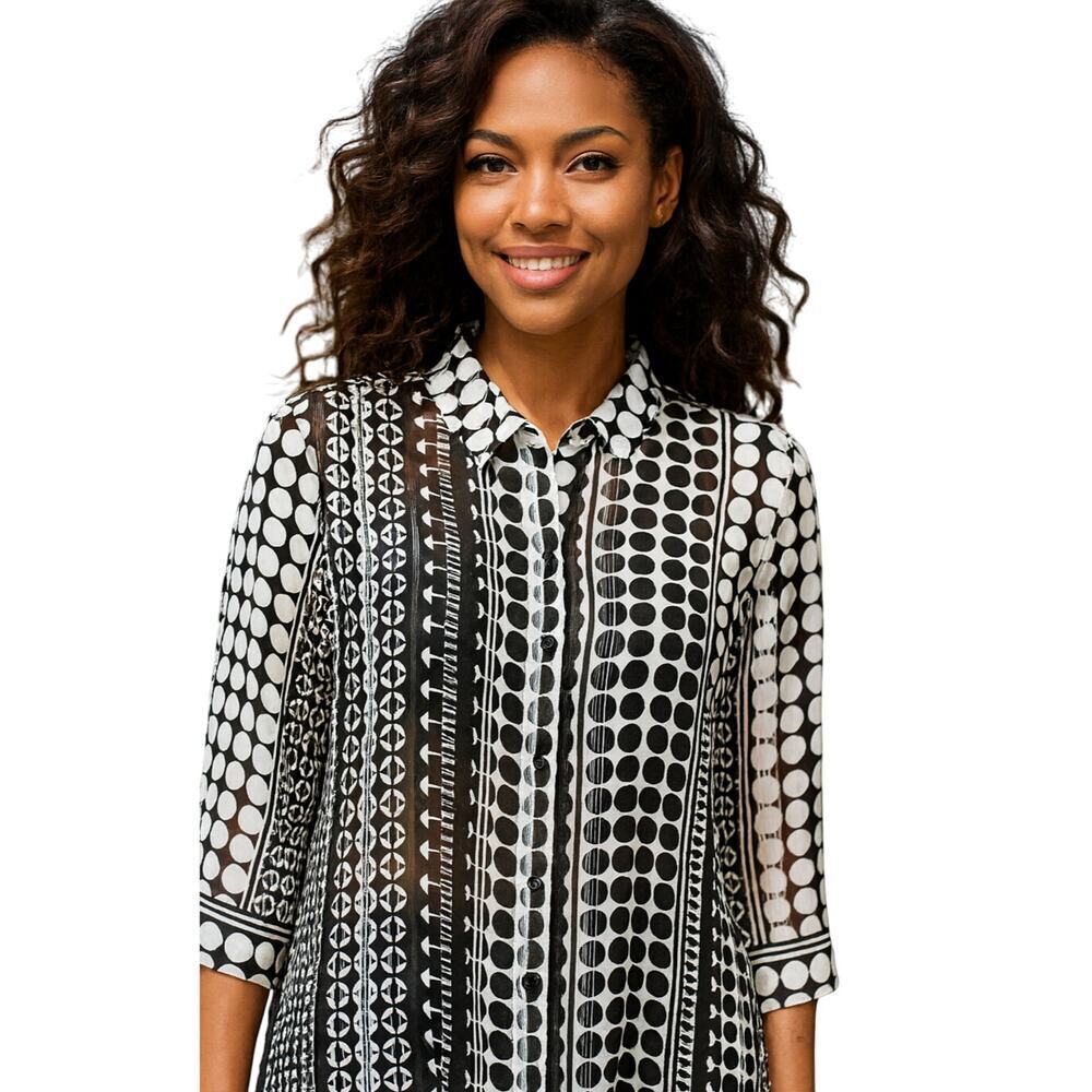 Chicos 1 (M) chiffon polka dot black white contrasting lightweight 3/4 sleeve